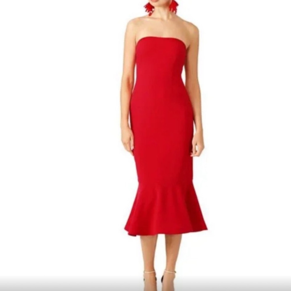 Womens Cinq á Sept Red Strapless Luna Sheath Peplum Hem Midi Dress 8 *